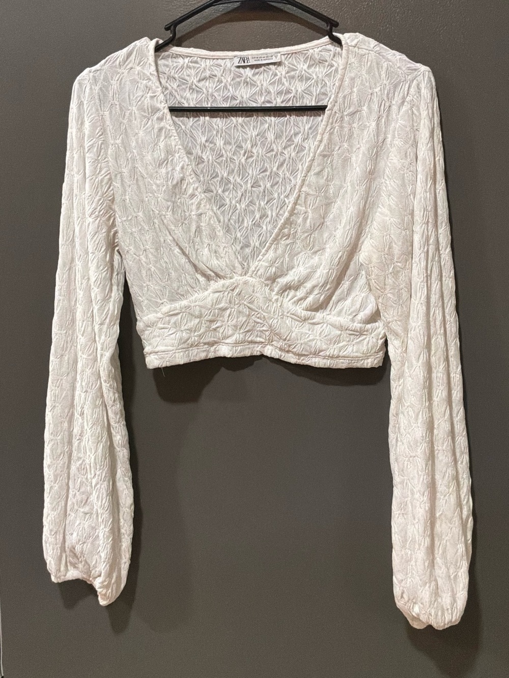 ZARA White Textured Long Sleeve Cropped Wrap Blouse Women’s Size M - Picture 2 of 4